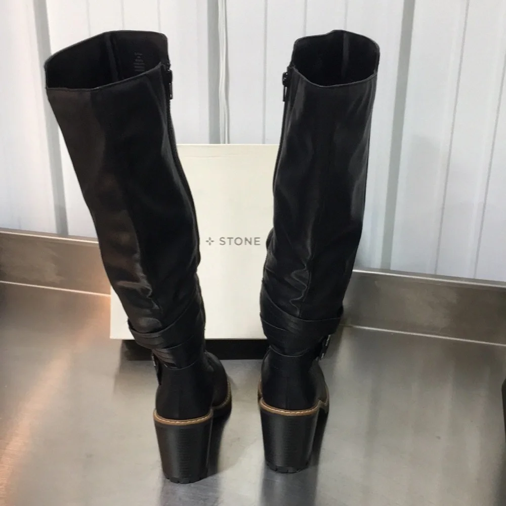 New WB Woman’s Sun + Stone Black Mid-Calf Leather Block Heel Boots